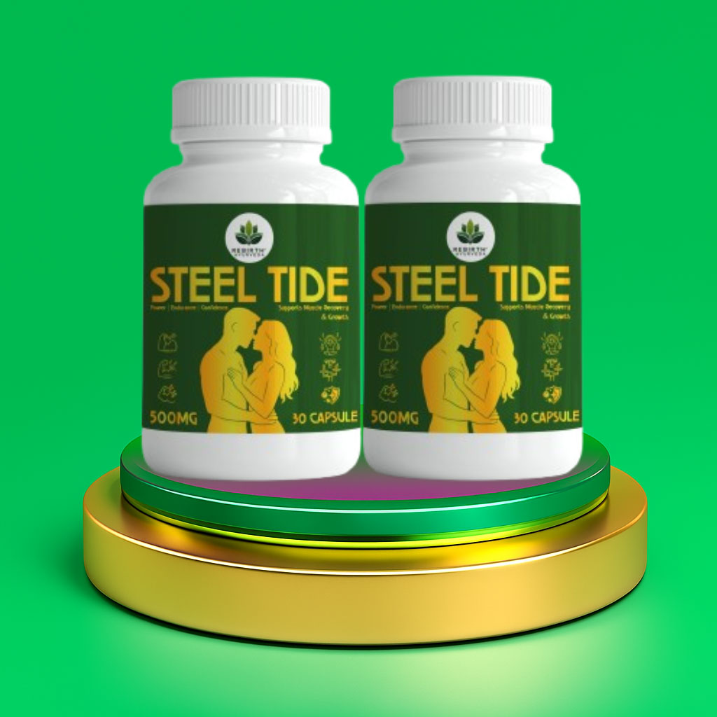 Two bottles of Rebirth Ayurveda Steel Tide capsules placed on a golden podium, Ayurvedic male wellness supplement supporting stamina, confidence, and energy.