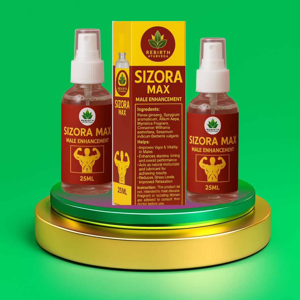 Sizora Max male enhancement Ayurvedic spray bottles with packaging box on green and gold podium – Rebirth Ayurveda 25ml product for stamina, vigor, and vitality