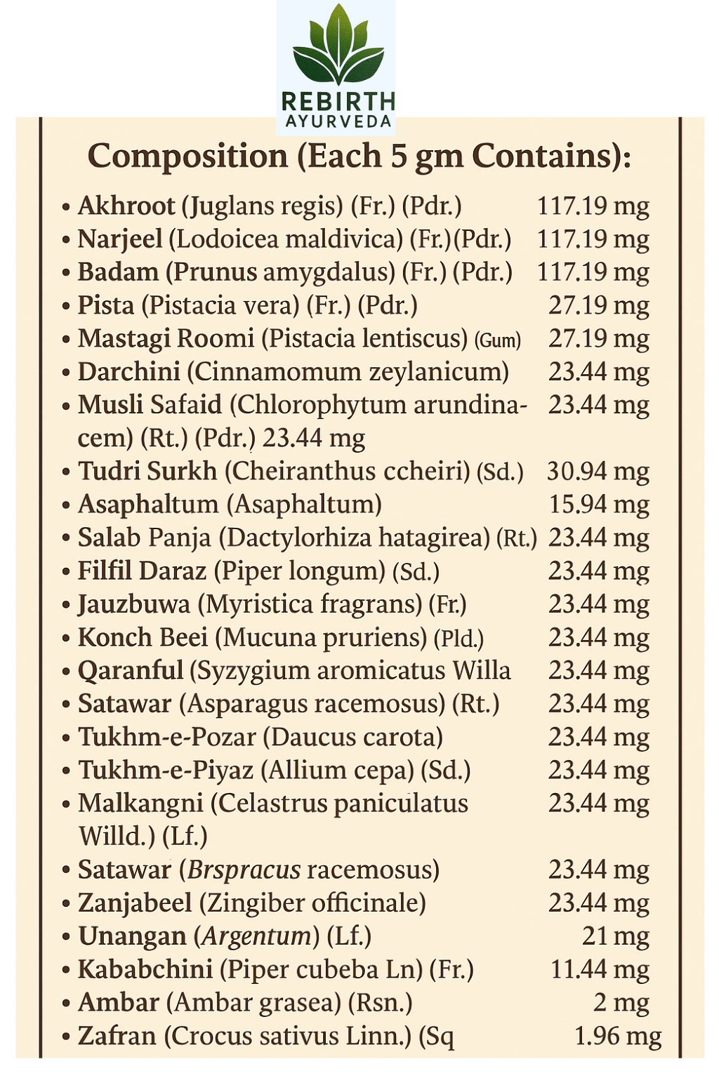 Quantum Gold Ingredients – Ayurvedic Herbal Composition (5 gm)